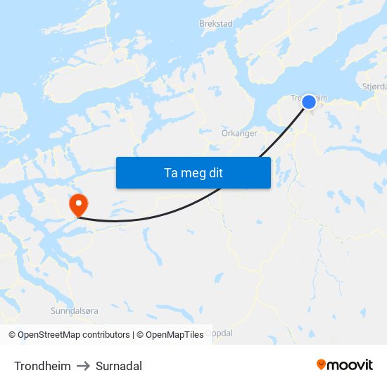 Trondheim to Surnadal map