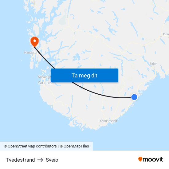 Tvedestrand to Sveio map