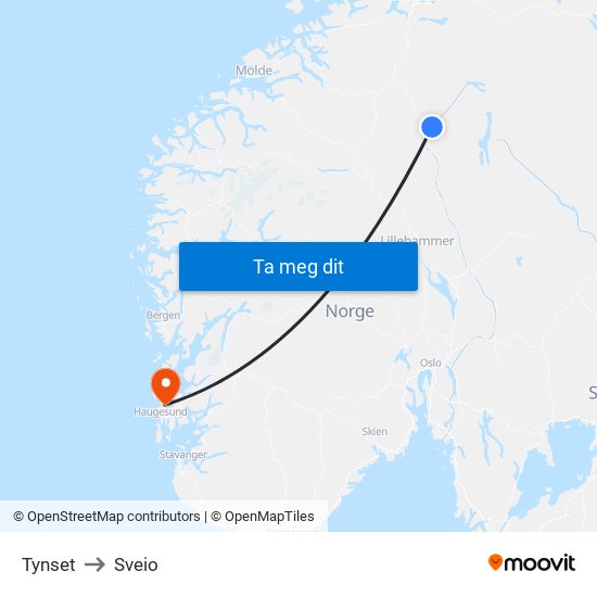 Tynset to Sveio map