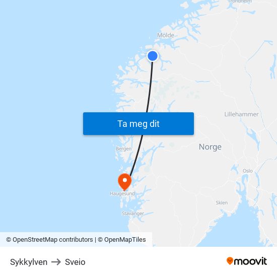 Sykkylven to Sveio map