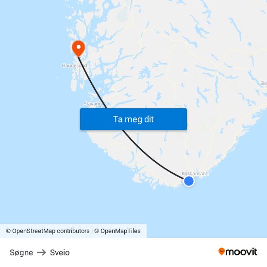 Søgne to Sveio map