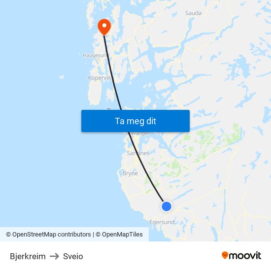 Bjerkreim to Sveio map