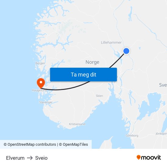 Elverum to Sveio map