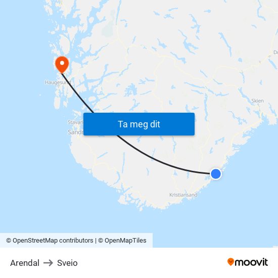 Arendal to Sveio map