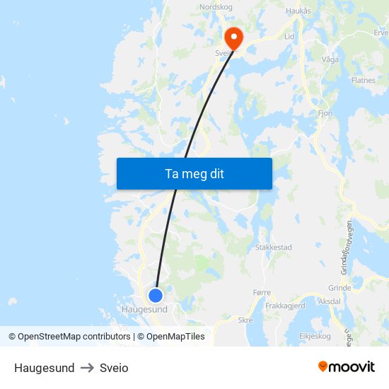 Haugesund to Sveio map