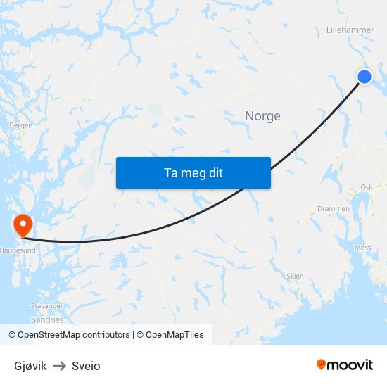Gjøvik to Sveio map