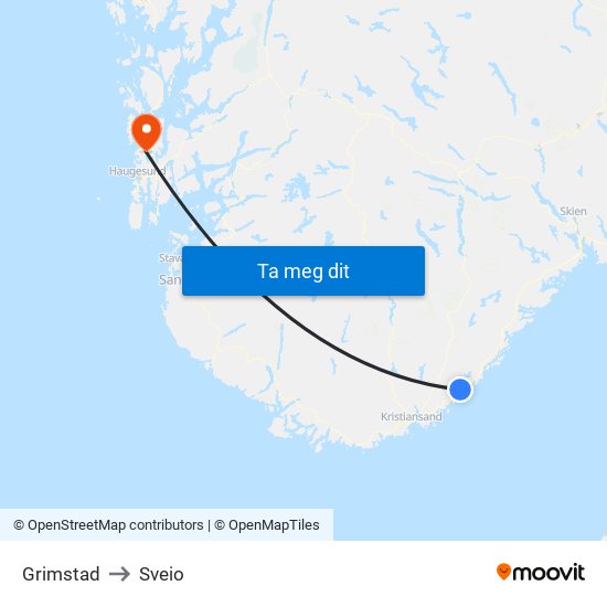 Grimstad to Sveio map