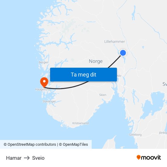 Hamar to Sveio map