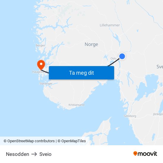 Nesodden to Sveio map