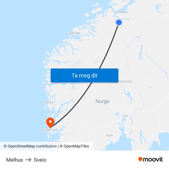 Melhus to Sveio map