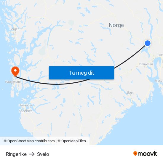 Ringerike to Sveio map