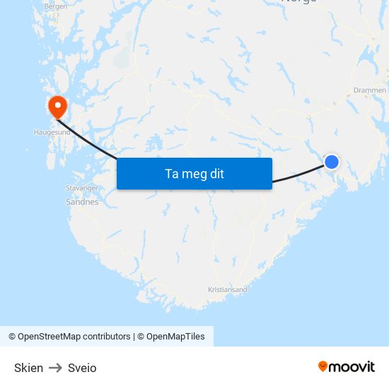 Skien to Sveio map