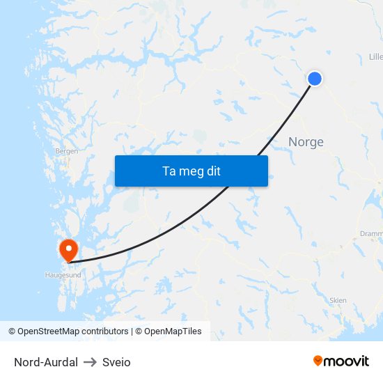 Nord-Aurdal to Sveio map