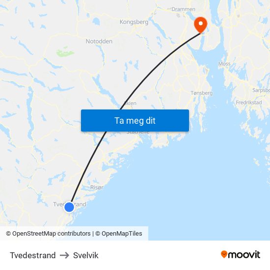 Tvedestrand to Svelvik map