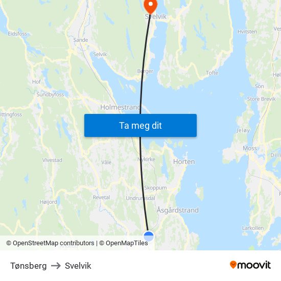 Tønsberg to Svelvik map