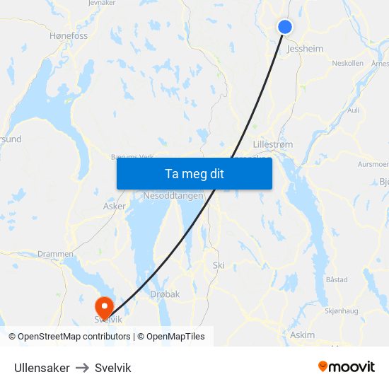 Ullensaker to Svelvik map