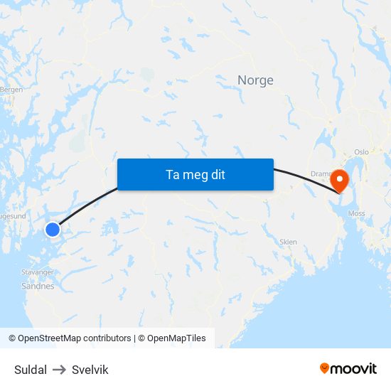 Suldal to Svelvik map