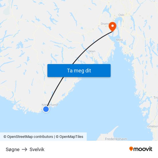 Søgne to Svelvik map