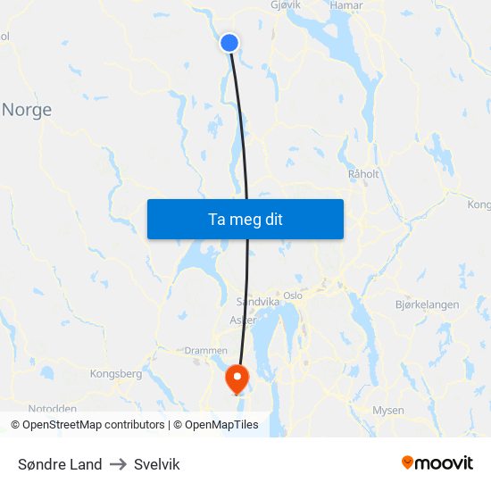 Søndre Land to Svelvik map