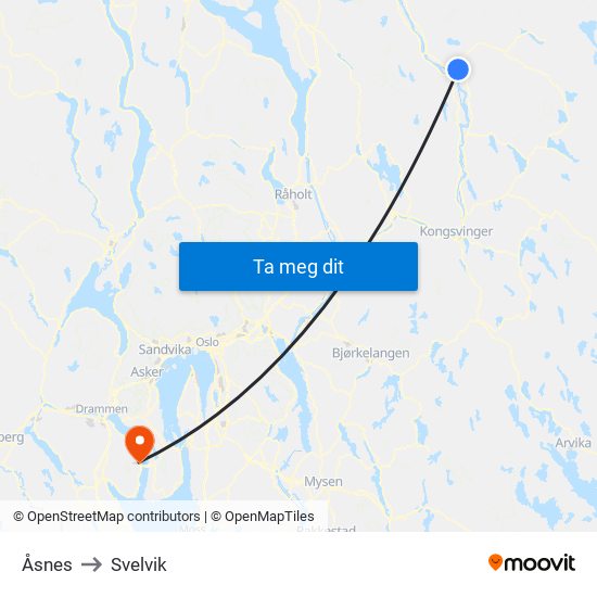 Åsnes to Svelvik map