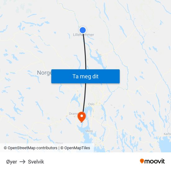Øyer to Svelvik map