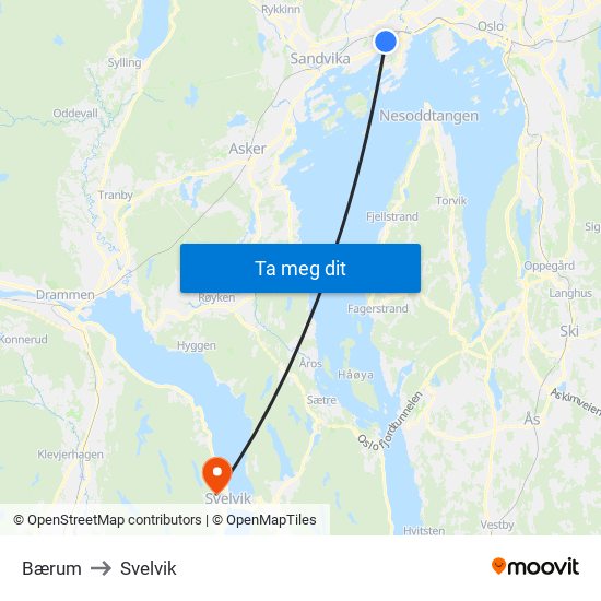 Bærum to Svelvik map