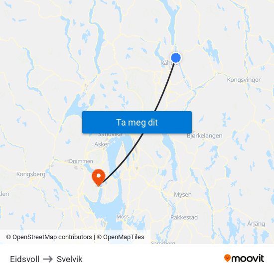 Eidsvoll to Svelvik map