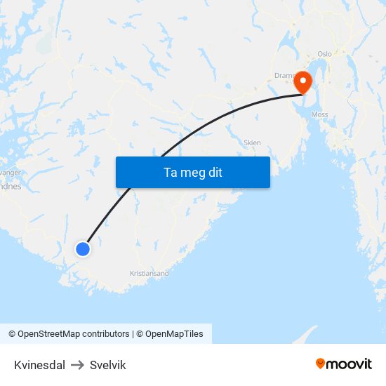 Kvinesdal to Svelvik map