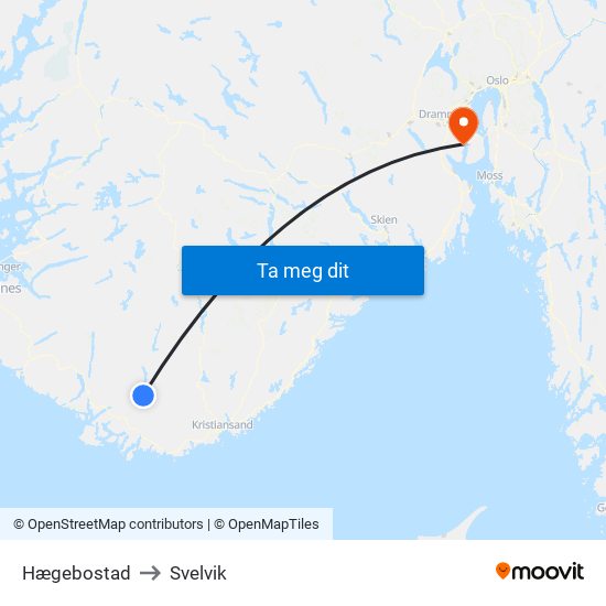 Hægebostad to Svelvik map