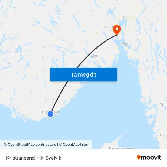 Kristiansand to Svelvik map