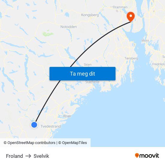 Froland to Svelvik map