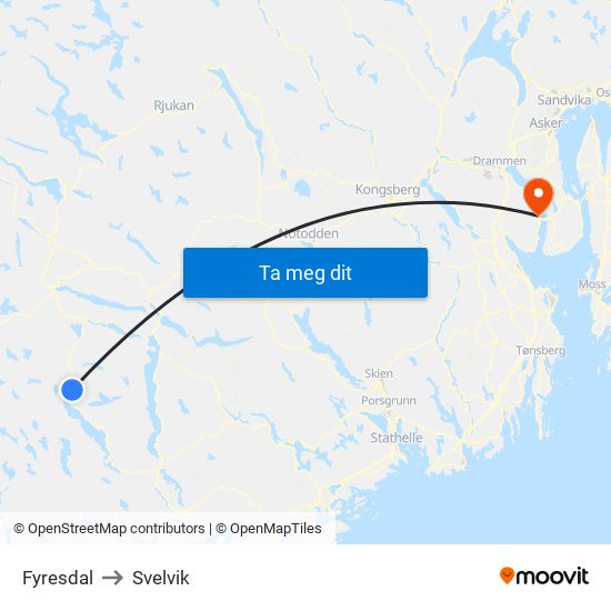 Fyresdal to Svelvik map