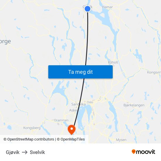 Gjøvik to Svelvik map