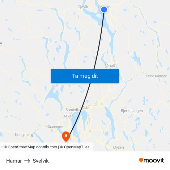 Hamar to Svelvik map