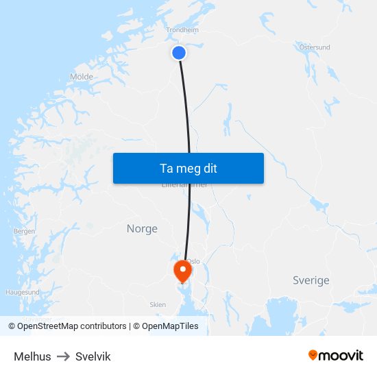 Melhus to Svelvik map