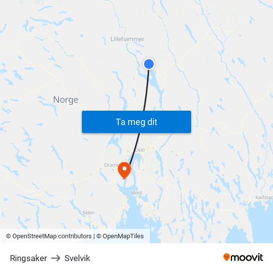 Ringsaker to Svelvik map