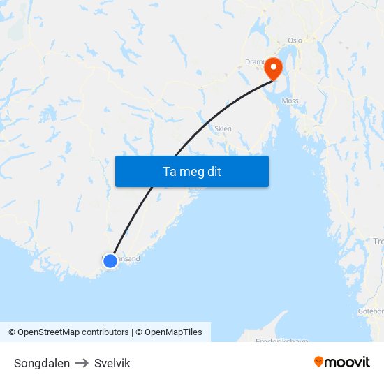 Songdalen to Svelvik map