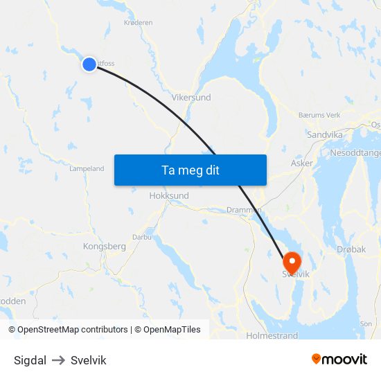 Sigdal to Svelvik map