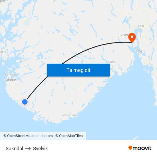 Sokndal to Svelvik map