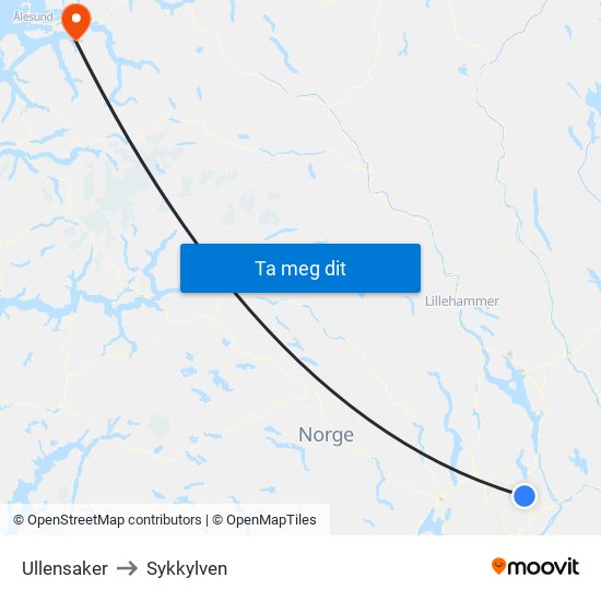 Ullensaker to Sykkylven map