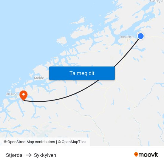 Stjørdal to Sykkylven map