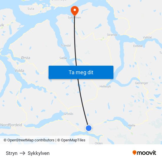 Stryn to Sykkylven map