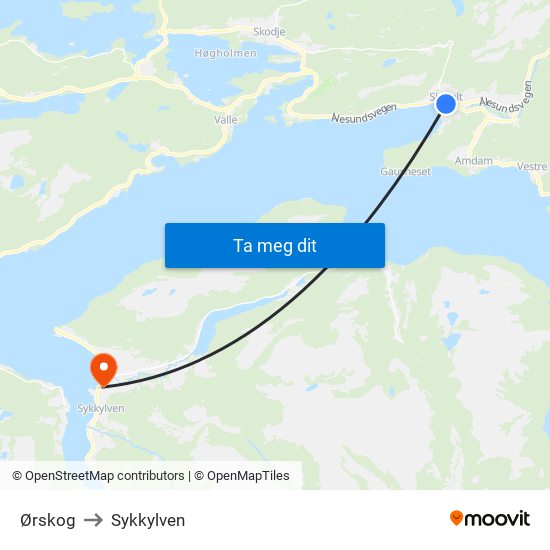 Ørskog to Sykkylven map