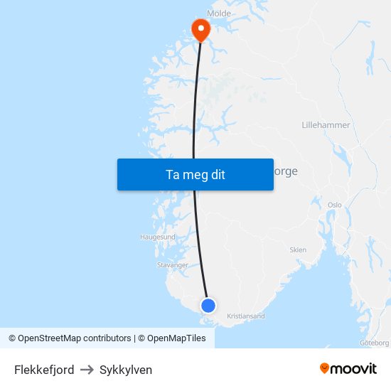 Flekkefjord to Sykkylven map