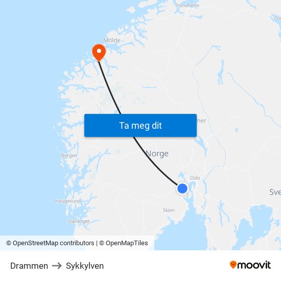 Drammen to Sykkylven map