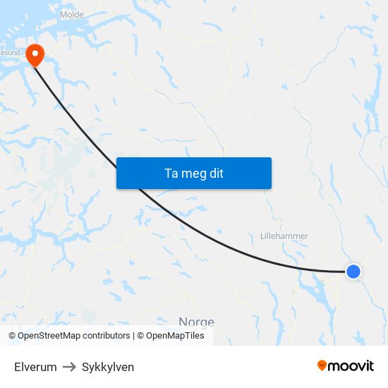 Elverum to Sykkylven map