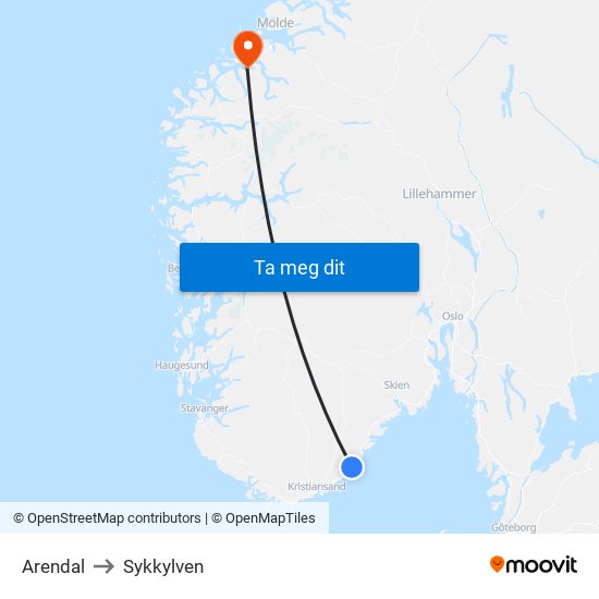 Arendal to Sykkylven map