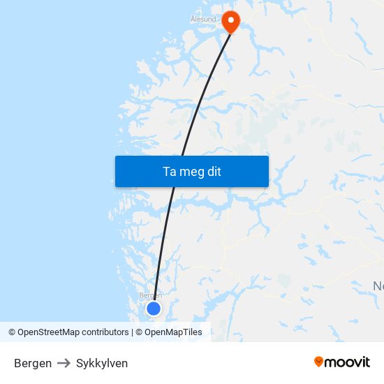 Bergen to Sykkylven map
