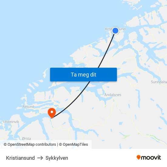 Kristiansund to Sykkylven map