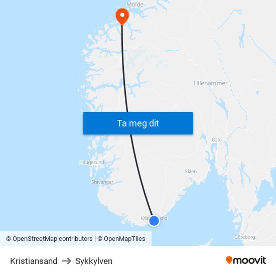 Kristiansand to Sykkylven map